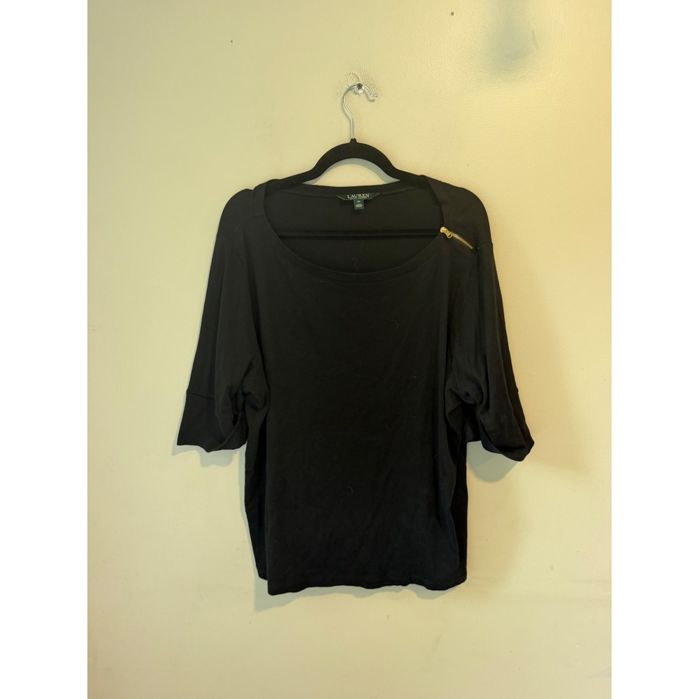 Lauren Ralph Lauren Womens Black Cotton Shoulder Zip Elbow Sleeve Top 3X